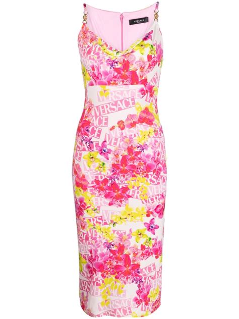 versace orange pink and purple dress|Versace floral dresses.